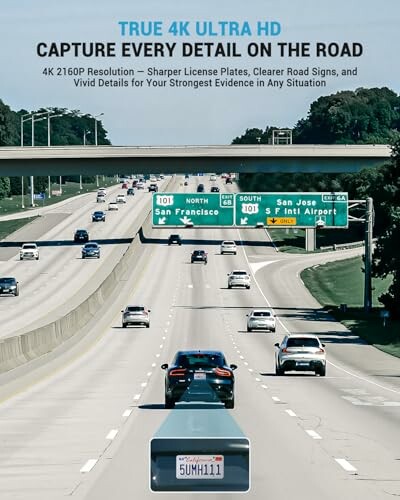 Highway scene with road signs and cars, showcasing 4K dashcam clarity.