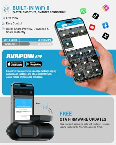 AVAPOW app advertisement showcasing WiFi 6 camera connectivity and features.