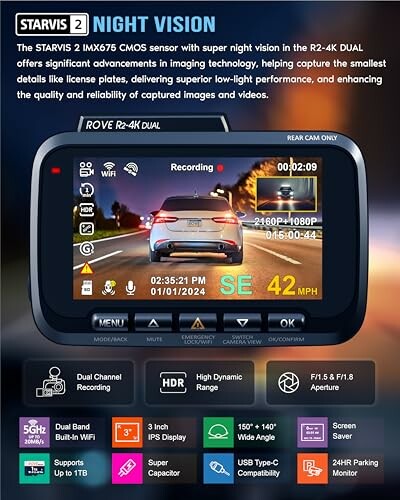 Dashcam showing night vision features and settings.