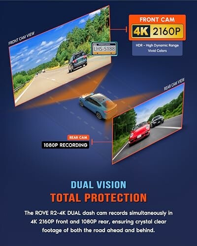 Dual dash cam showing front and rear views with 4K and 1080p recording.