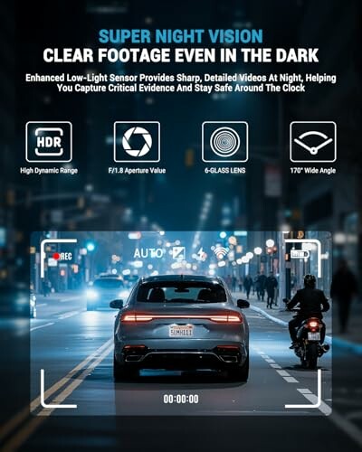 Night vision dash cam view with clear footage of car and motorcycle on a city street.